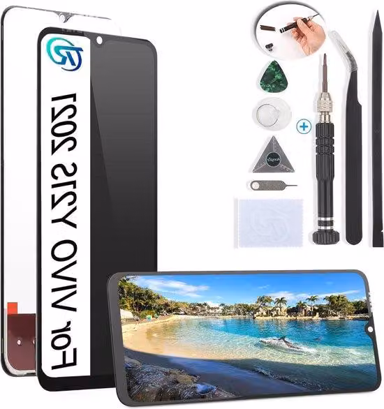Kit di riparazione per display LCD touchscreen VIVO Y21S 2021, nero, con set di attrezzi.