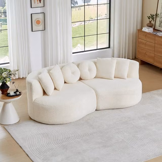 Divano modulare curvo Mivray in tessuto bouclé beige con set di 6 cuscini per soggiorno e cameretta