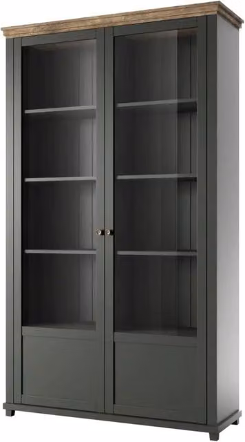 Vetrina larga a 2 ante con LED integrati Meublorama collezione ASSIA, colore verde e quercia, H 200 x L 126 x P 42 cm