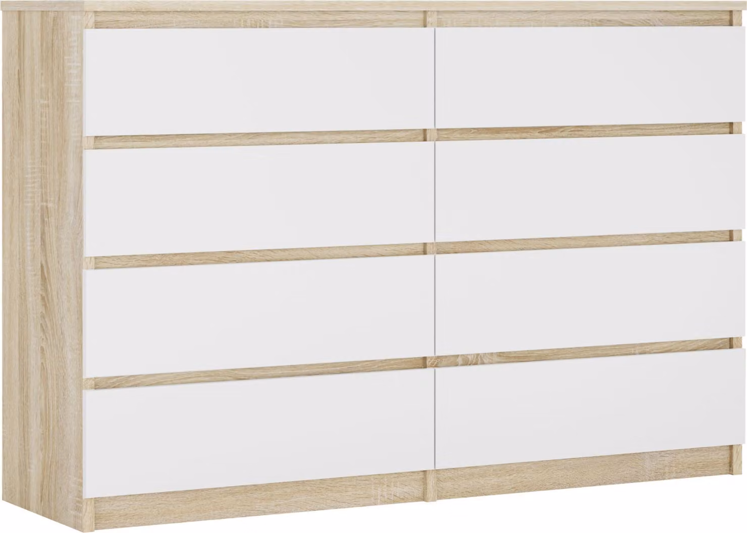 Cassettiera 8 cassetti, colore: rovere Sonoma / bianco opaco, 138 x 101 x 39 cm