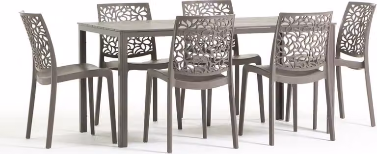 Set da pranzo per esterni con tavolo rettangolare 156x78 cm e 6 sedie impilabili in resina rinforzata con fibra di vetro - design moderno in look legno, ideale per giardino, terrazza e aree esterne coperte - THOMAS+ANNA - Grigio tortora/Grigio tortora