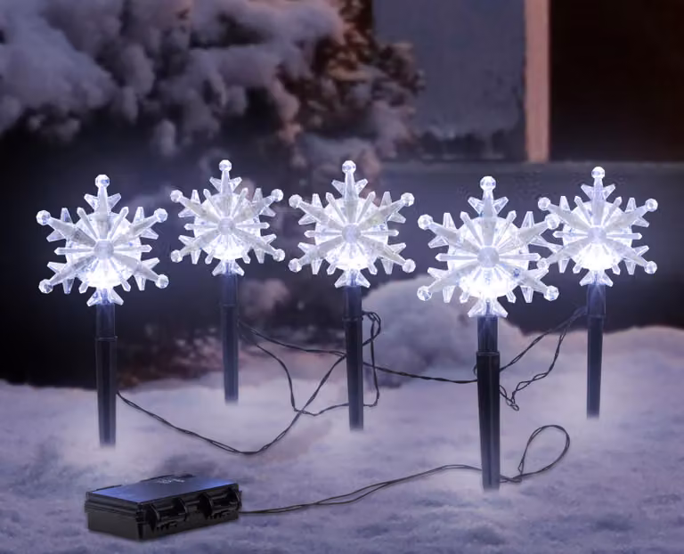 Spina LED da giardino 5 fiocchi di neve - 21 cm - Decorazione natalizia da esterno bianco freddo con timer a batteria