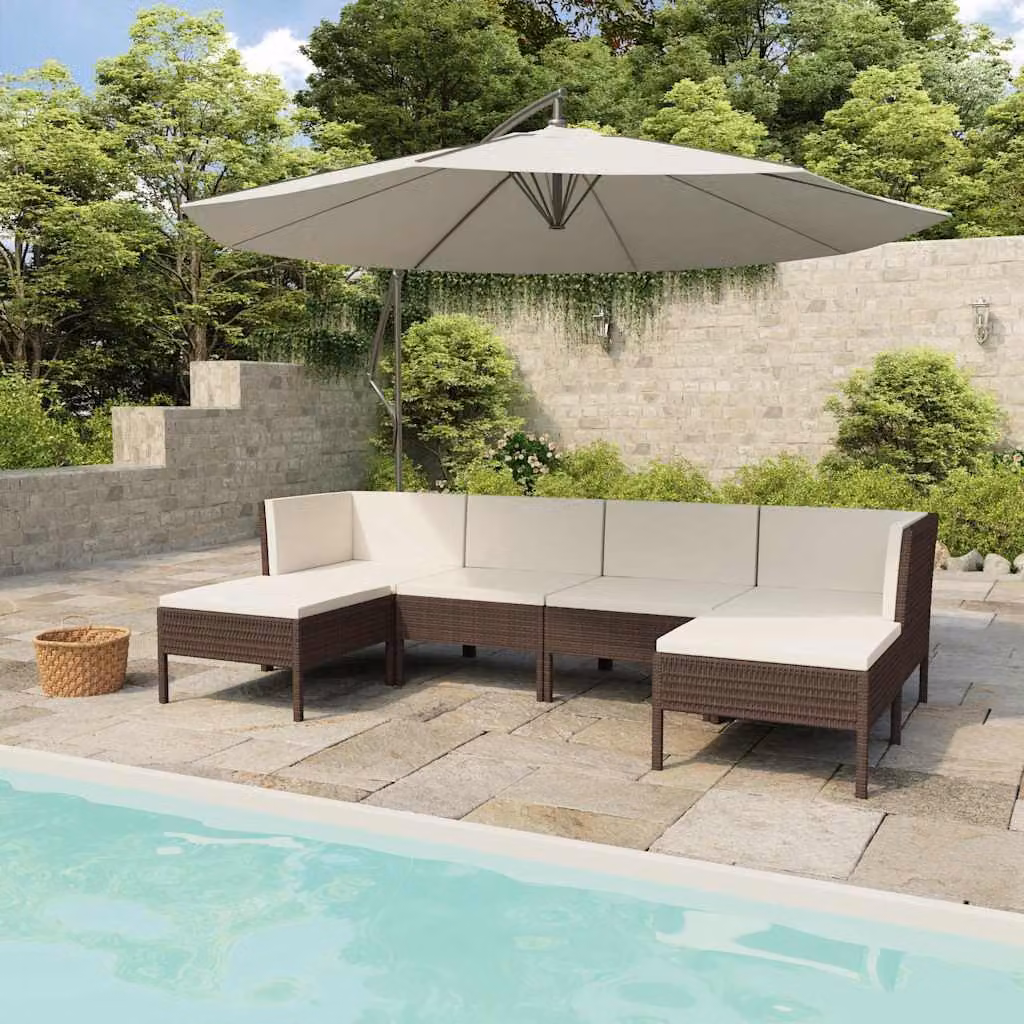 vidaXL Set Divani da Giardino 6 pz a L con Cuscini Marrone e Bianco in Polyrattan e Metallo – 1