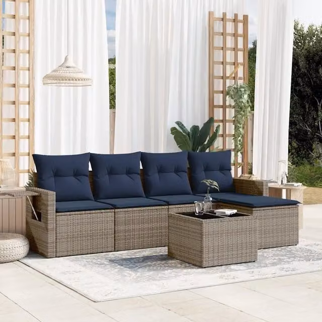 Set da giardino moderno vidaXL composto da 6 pezzi con cuscini grigi e blu in rattan e struttura in metallo con tavolo da caffè e pouf – 1