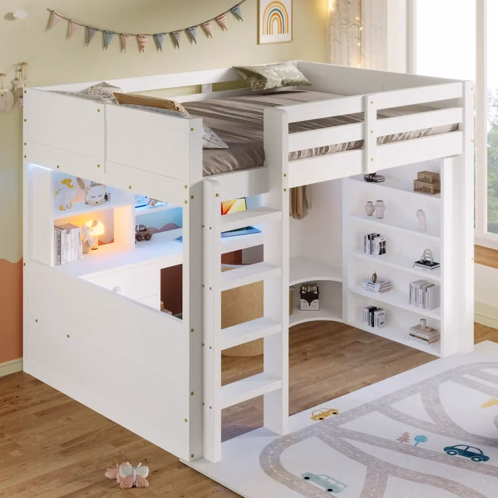 Letto a castello CIPACHO in pino bianco con armadio, scrivania, cassetti e luci LED L/P/H: 204.5 x 140 x 200 cm – 2