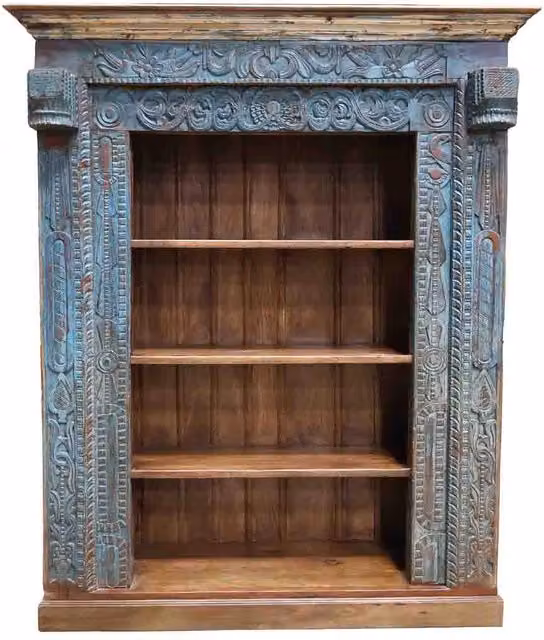 Libreria in legno WANDERLUST DECO con design geometrico ed etnico, blu e marrone, L: 180 cm, P: 55 cm, H: 217 cm