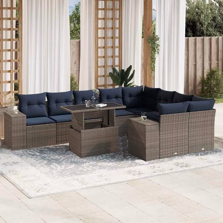 Set di divani da giardino vidaXL in polyrattan grigio con cuscini e tavolino da esterno a forma di U per 10 persone