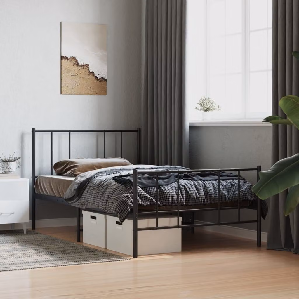 The Living Store Struttura letto con testiera e pediera in metallo nero 90x190 cm