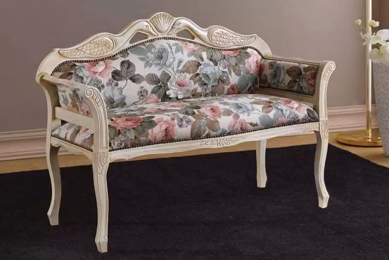 Divanetto imbottito shabby chic in legno di faggio bianco con decorazioni floreali Mobili 2G L/P/H: 115 x 45 x 85 cm