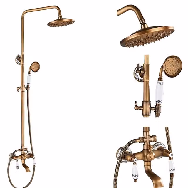 Set di rubinetteria per doccia, soffione a pioggia, doppia maniglia girevole, E
