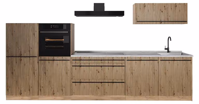 Cucina componibile Vicco R-Line Rovere artigianale/Rovere dorato 340 cm piano di lavoro Marmo, Model 67295