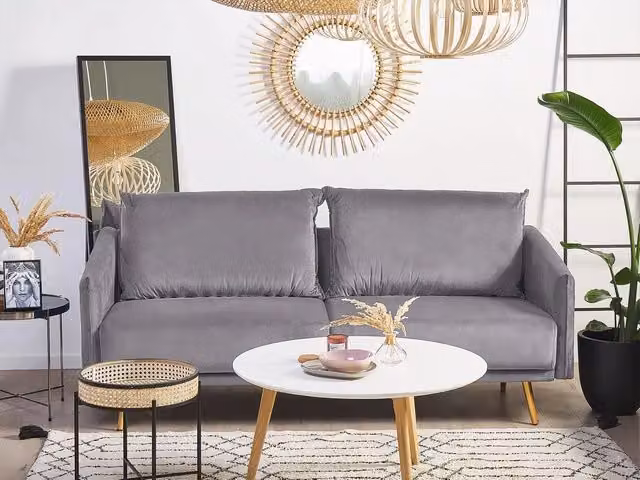 Divano 3 Posti Beliani in Velluto Grigio con Gambe in Metallo Dorato e Schienale Imbottito L: 185 cm, H: 83 cm, P: 78 cm