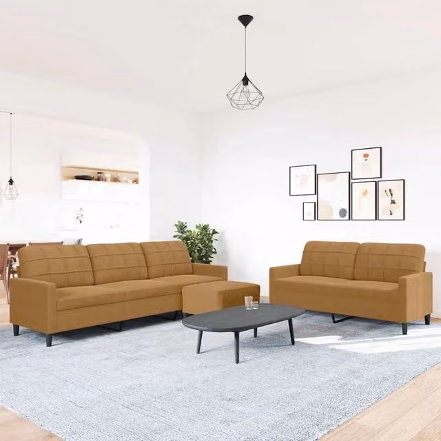 Set di divani moderno vidaXL in velluto marrone con pouf e cuscini, composto da divano a 3 posti, divano a 2 posti e pouf con struttura in metallo e legno