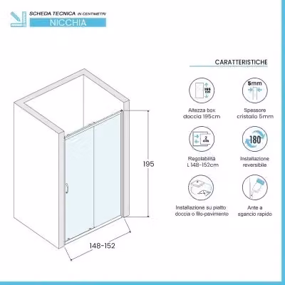 Porta doccia a nicchia Tay INBAGNO con vetro stampato e sistema scorrevole, colore argento, L: 150 cm, P: 5 cm, H: 195 cm – 2