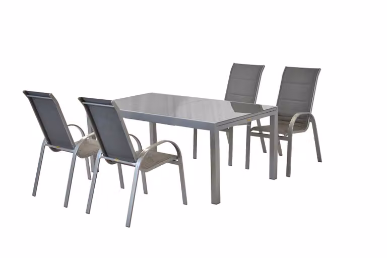 Set di mobili da giardino Merxx Amalfi grafite 5 pezzi, 4 sedie impilabili, 1 tavolo allungabile 180 (250) x 100 cm - alluminio/tessuto