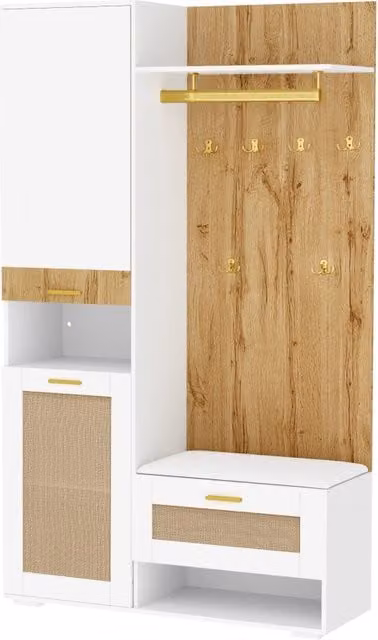Mobile d'Ingresso con 3 Ante; Specchio; 6 Ganci Dorati e LED 16 Colori; Stile Moderno; 110×38×190 cm; Bianco Legno