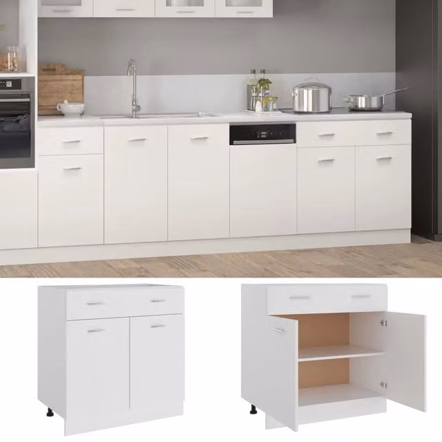 Mobile base da cucina Lyon con cassetti e ante, bianco lucido, L 80 cm x P 46 cm x H 81,5 cm