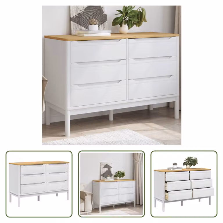 The Living Store Cassettiera FLORO in pino massiccio bianco