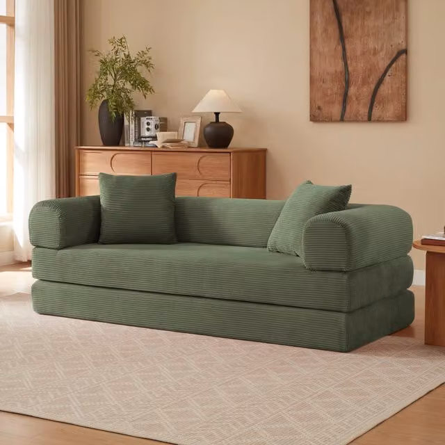 Divano letto modulare MIVRAY a 2 posti in velluto verde con funzione letto singolo e seduta sollevabile per soggiorno o camera da letto