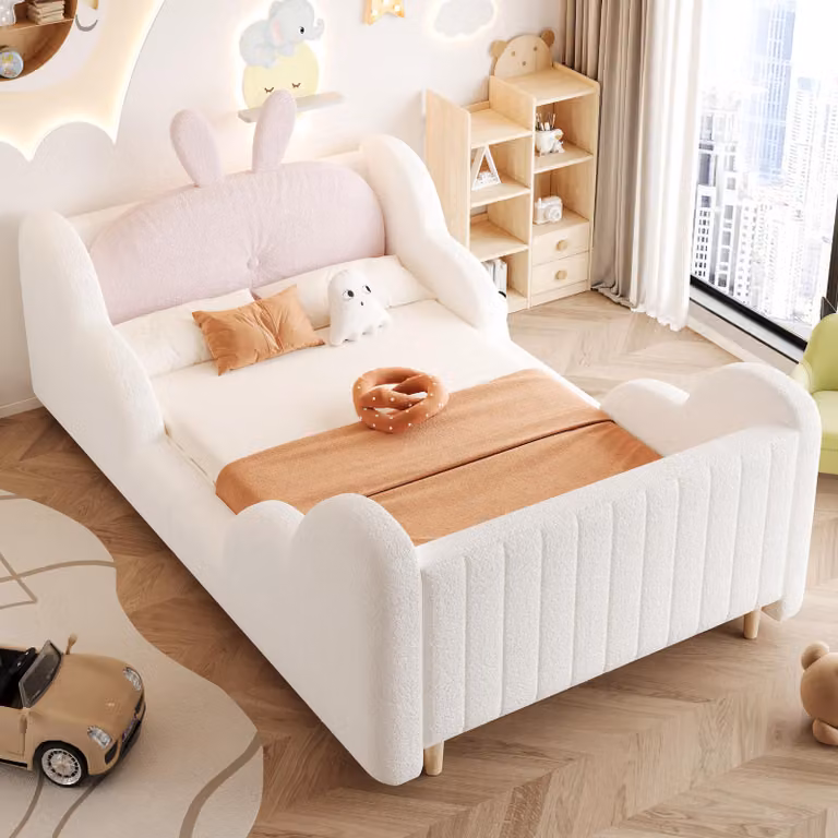 Letto per bambini imbottito Merax 90x200 cm con spondine a forma di nuvola, letto in velluto con cuscino a forma di coniglio, letto a piattaforma per ragazzi con cuscino a forma di coniglio, bianco