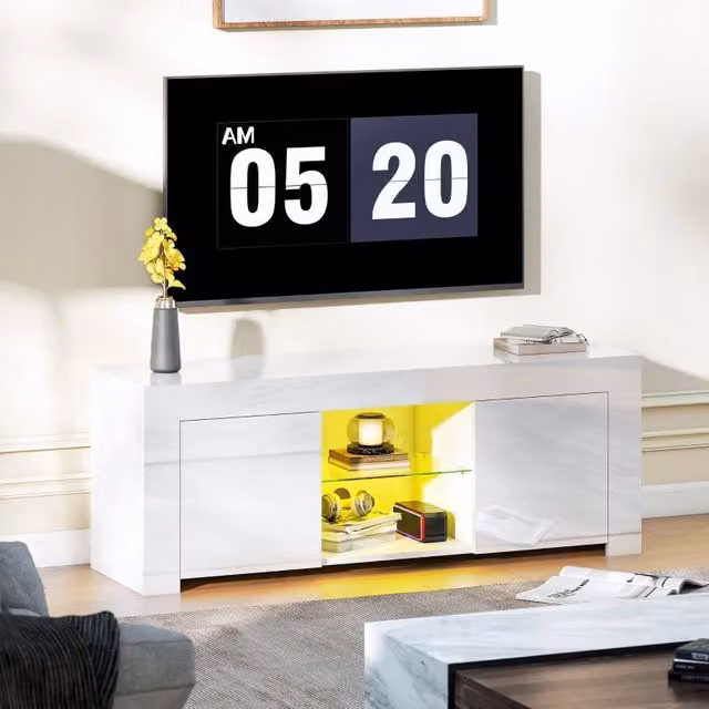 Mobile TV con LED RGB rimovibili 16 colori 4 modalità 2 vani chiusi ripiano in vetro bianco 120 × 34 × 45 cm