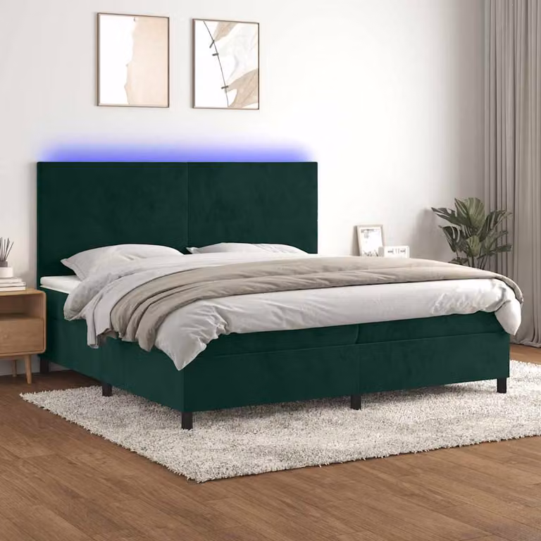 Letto a Molle con Materasso Ibrido vidaXL in Velluto Verde Scuro con Illuminazione LED e Porte USB L/P/H: 200 x 200 x 128 cm