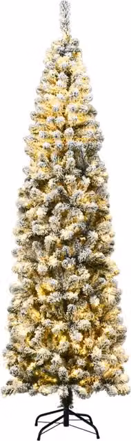 Albero artificiale di Natale 225cm con aghi in PVC base pieghevole di metallo, Abete innevato illuminato con luci LED