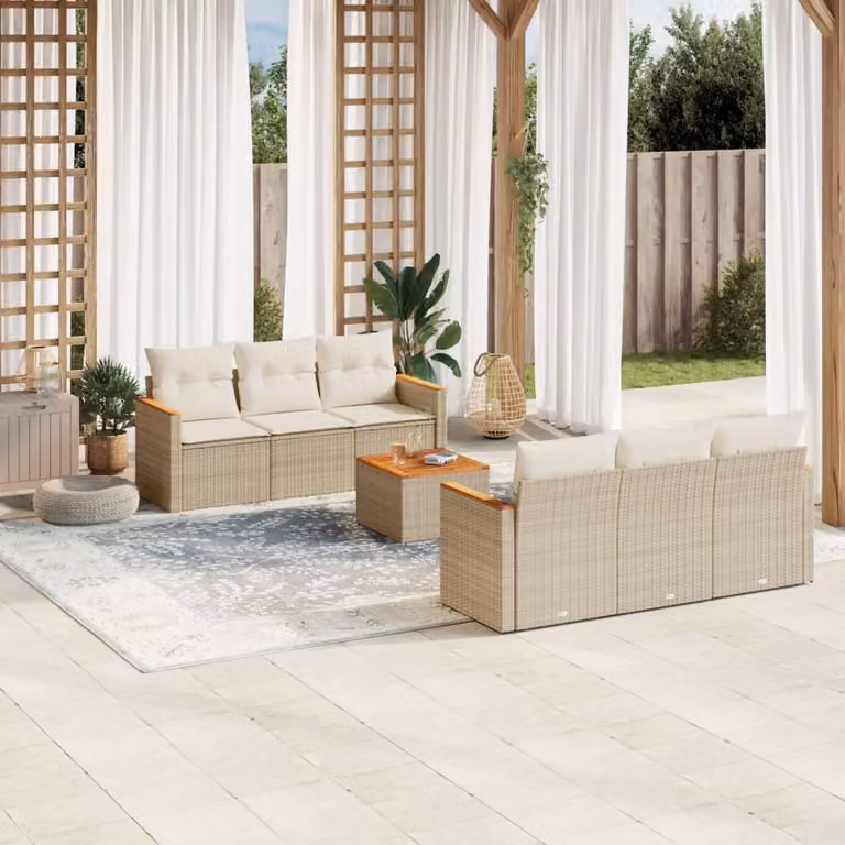 vidaXL Set Divani da Giardino 7 pz a Forma a L con Cuscini Beige e Tavolino in Polyrattan e Acciaio