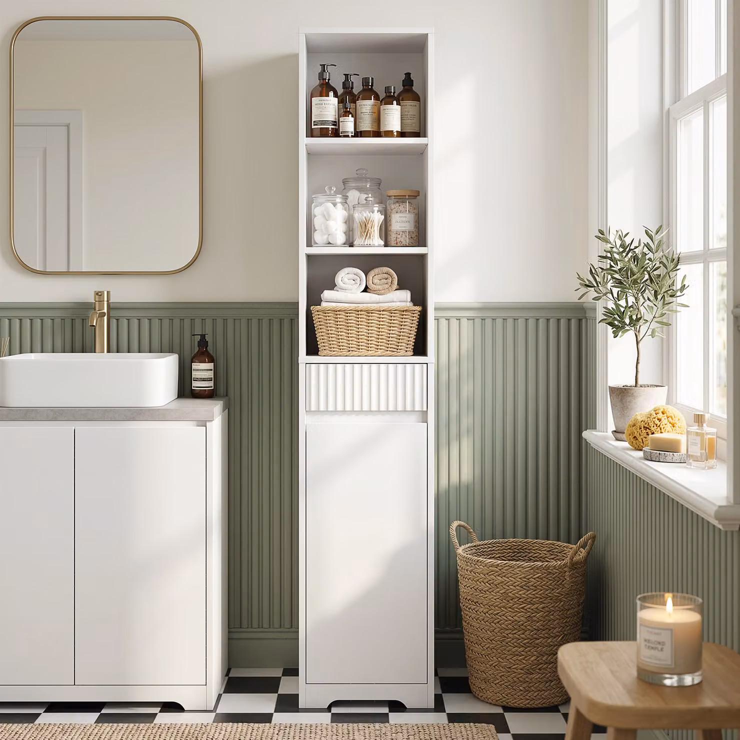 Mobile da Bagno Alto HOMCOM Bianco con 3 Ripiani Aperti, 1 Cassetto e 1 Armadietto Regolabile, L/P/H: 33 x 30 x 172 cm – 2