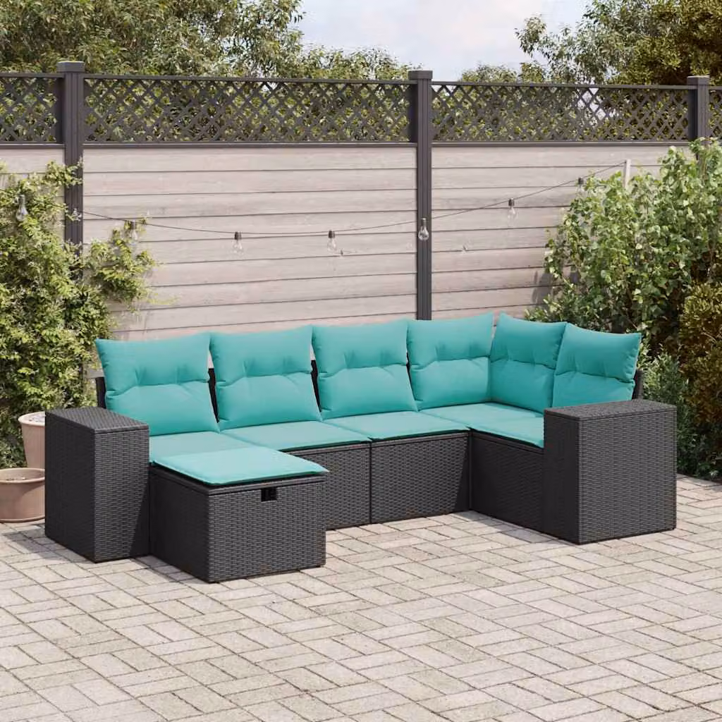 Set Divano da Giardino a L vidaXL in Polyrattan con 6 Cuscini Imbottiti e Struttura in Acciaio Nero