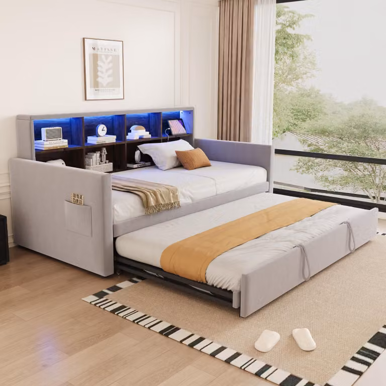 okwish divano letto 90x190 daybed letto per bambini con testata intelligente e strisce luminose a LED, letto singolo letto per ragazzi con prese di ricarica e vani portaoggetti, grigio chiaro (senza materasso)
