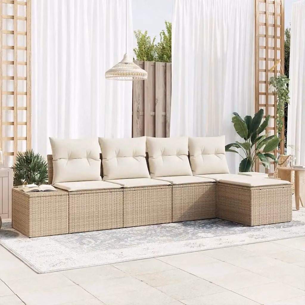 Set Divano da Giardino a L vidaXL 5 Pezzi Beige con Cuscini e Ottoman in Polyrattan e Metallo