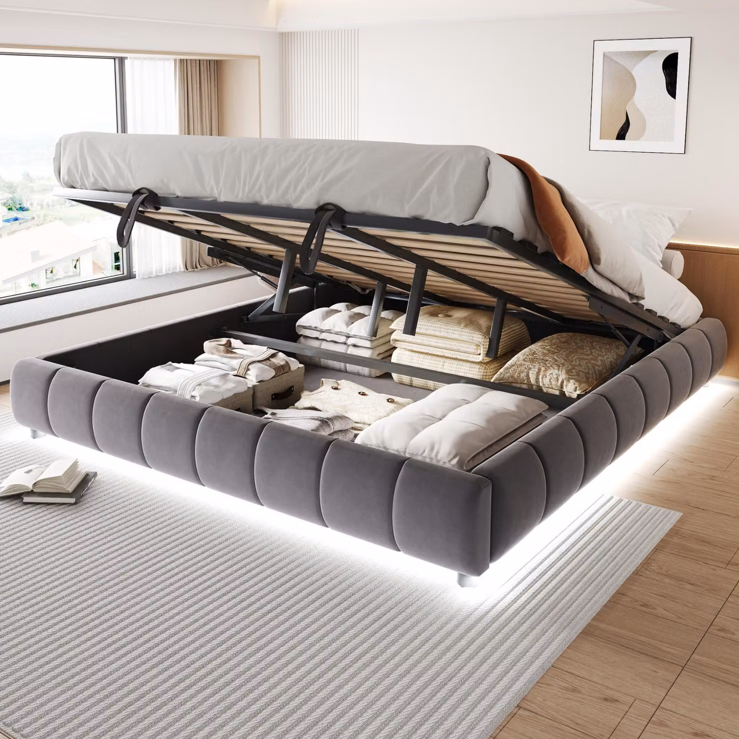 Letto imbottito STILVORA 180x200 con striscia luminosa a LED, letto matrimoniale senza testiera con base idraulica a sospensione, letto per ragazzi con rete a doghe e vano contenitore, senza materasso, grigio