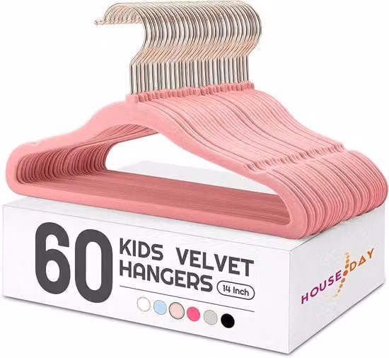 Set di 60 appendiabiti per bambini House Day in velluto rosa con gancio rotante e design antiscivolo
