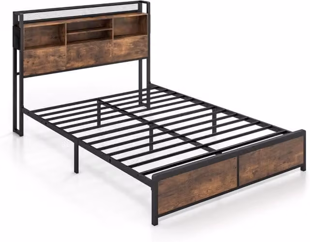 Struttura letto con testiera contenitore e stazione di ricarica, Letto a piattaforma in metallo Marrone 223x143x112cm