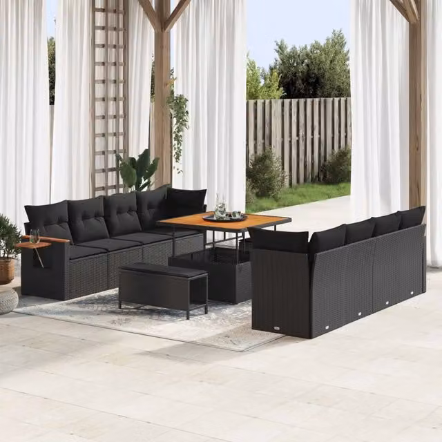 Set Divano da Giardino vidaXL a 11 Posti Nero con Cuscini e Tavolino da Esterno