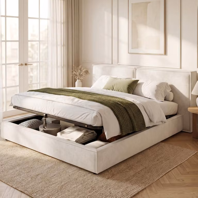 Letto imbottito idraulico Flieks, 180x200 cm, con spazio contenitore, letto a due piazze per ragazzi con testiera imbottita, letto contenitore in tessuto chenille, color beige