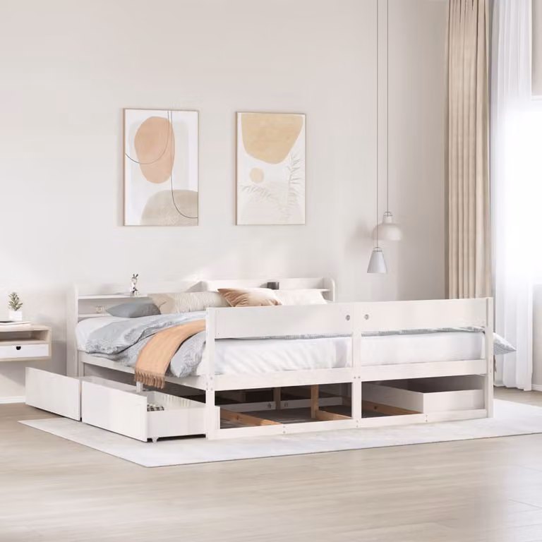 Letto in legno massello di pino bianco con cassetti stile rustico L/P/H: 200 x 180 x 82 cm