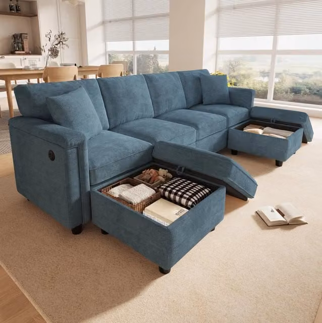 Divano modulare blu in ciniglia 261x134x82 cm con 2 pouf contenitore; USB e Type-C