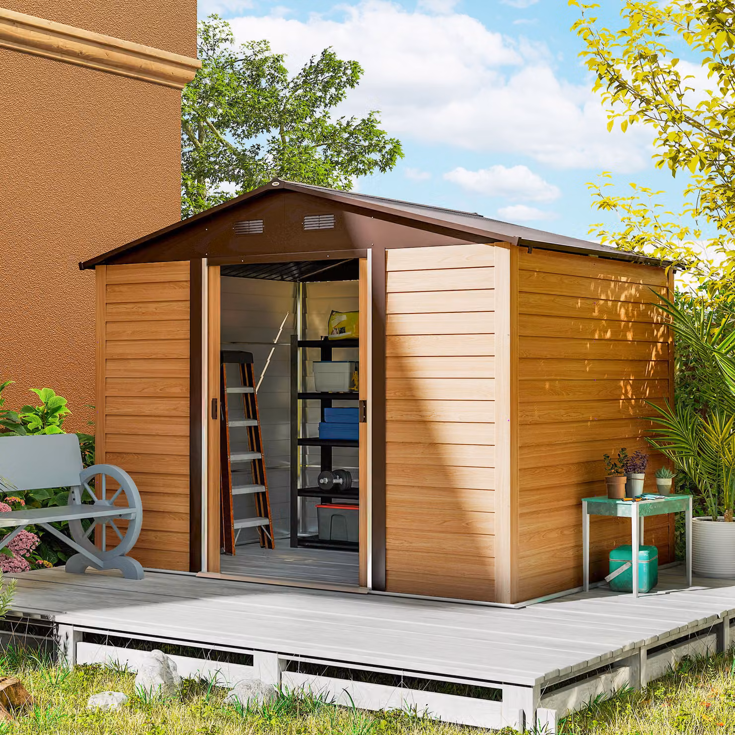 Casetta da Giardino Outsunny in Acciaio con Effetto Legno e Doppie Porte Scorrevoli, Marrone, L: 278 cm, P: 195 cm, H: 215 cm – 2