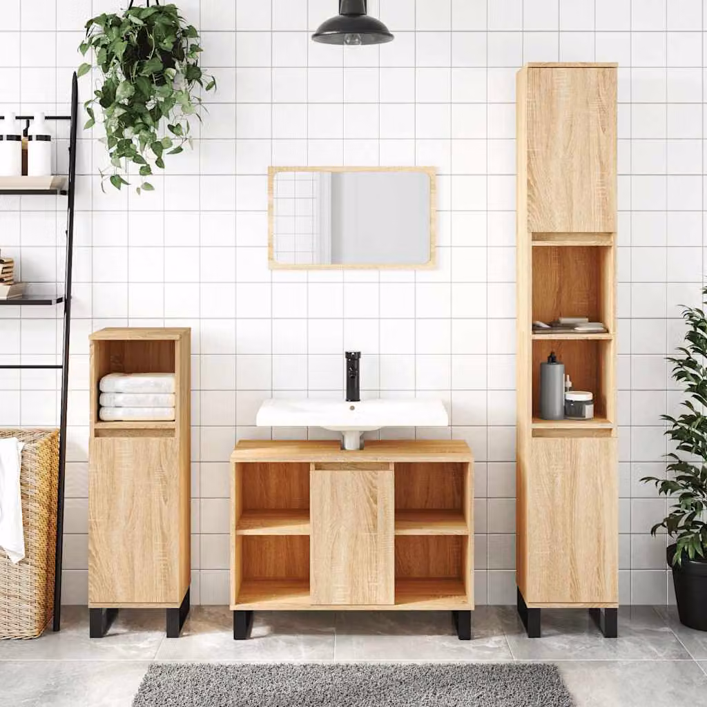 Mobile da bagno vidaXL in legno Rovere Sonoma marrone con ante a battente e ripiani interni L: 80 cm, P: 33 cm, H: 60 cm