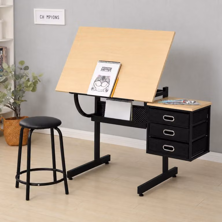 Tavolo da disegno con sgabello, tavolo da disegno regolabile, piano del tavolo da disegno con 3 cassetti, in acero