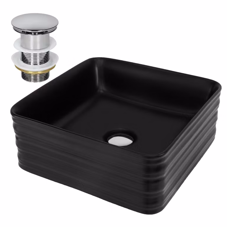 LuxeBath Lavabo Lavabo da appoggio Square, 39x39x15 cm, nero, Vetroceramica, incl. set di scarico senza troppopieno
