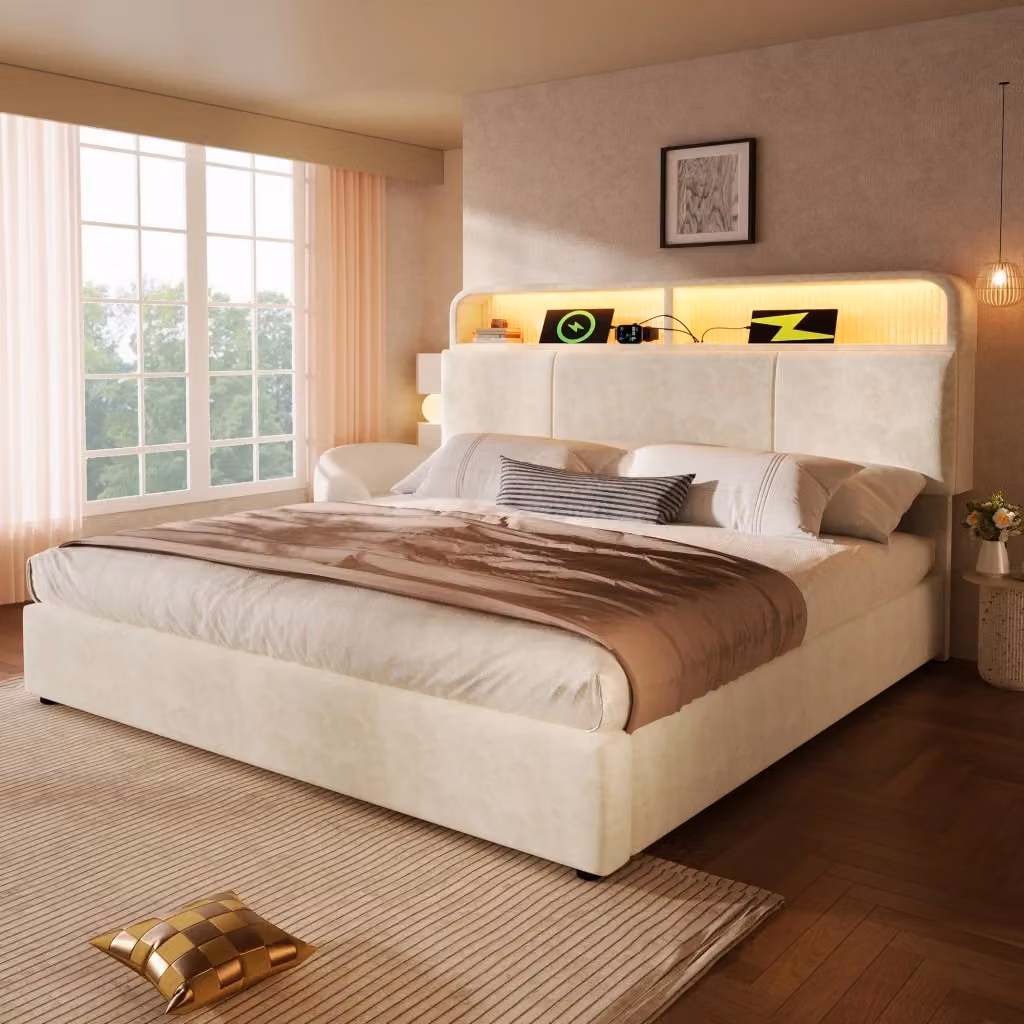 Letto Matrimoniale Contenitore Moderno in Velluto Beige con Illuminazione LED, Porte USB e Type-C, L/P: 140 x 200 cm – 2