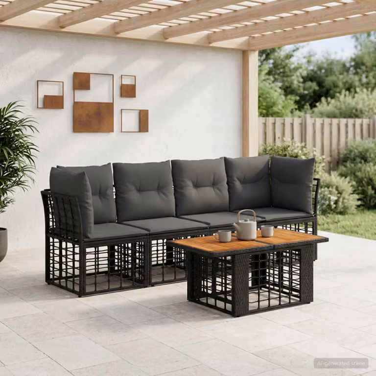 Set Divano da Giardino vidaXL 5 Pezzi in Polyrattan con Tavolino e Cuscini, Design Moderno a L, Nero e Grigio