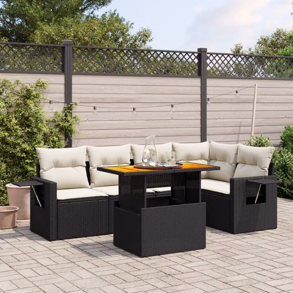 Set Divano da Giardino a L vidaXL 6 pz in Polyrattan Nero con Cuscini e Tavolino – 1