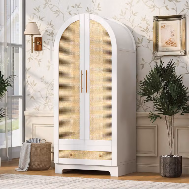 Armadio angolare in rattan con 2 ante, dotato di barra appendiabiti e cassetto, ideale come guardaroba, dimensioni 70x55x170 cm, colore bianco