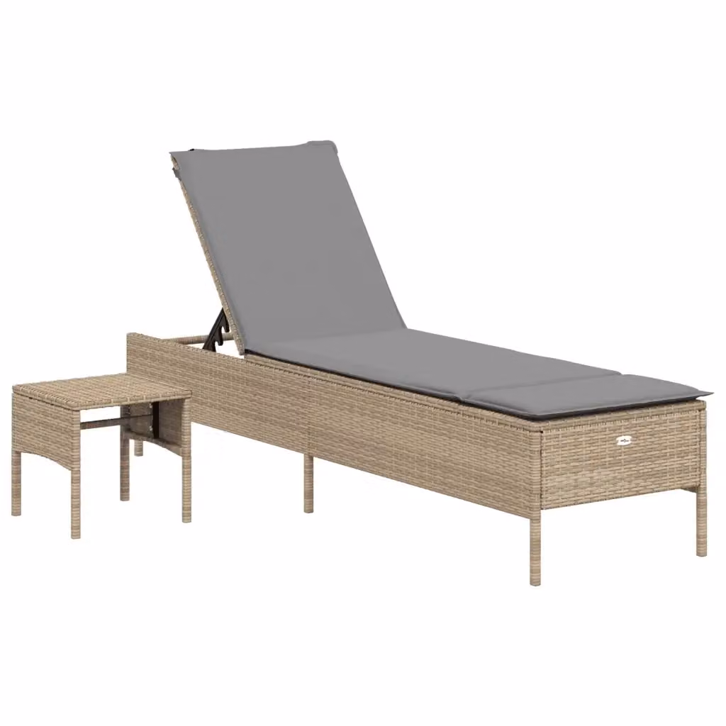 Lettino prendisole vidaXL in polyrattan con cuscino beige e vassoio laterale per giardino – 2