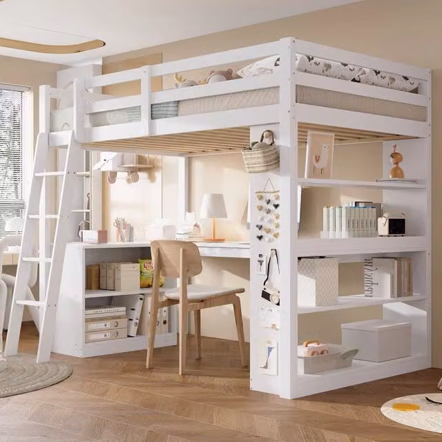 Letto a soppalco singolo per bambini OKWISH in legno e MDF bianco con ripiani e scala inclinata L/P/H: 205 x 90 x 170 cm