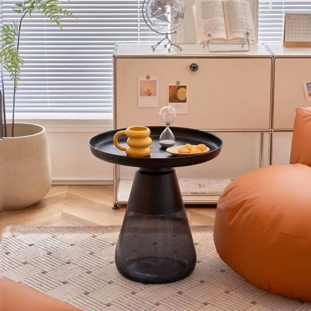 Tavolino rotondo da salotto base vetro fumè e piano verniciato nero Tiglio 60x60x43H